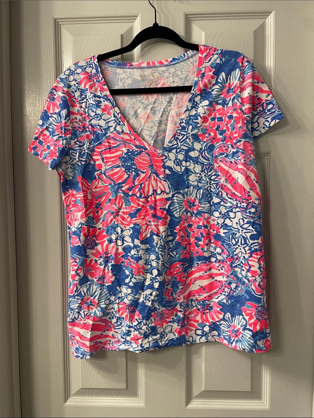 Lilly Pulitzer Floral V-Neck Short Sleeve Top - Pink & Blue